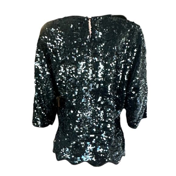 Vintage Black Silk Sequin Top 3/4 Batwing Sleeve Calla Lily Pattern Size XL 1X - Picture 8 of 10